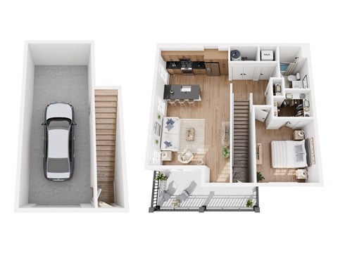 Apartment A-2 floor plan showing a one bedroom, one bathroom apartment with an attached garage